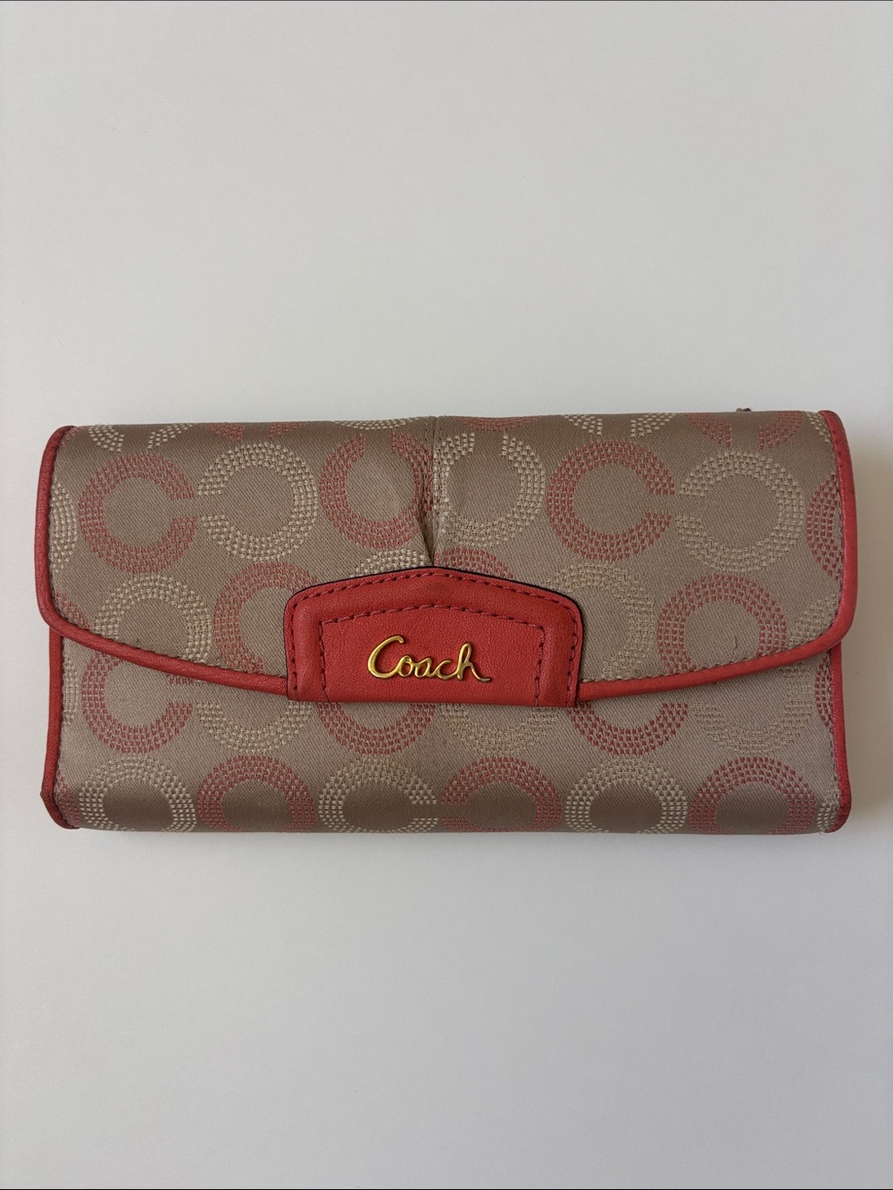 Vintage Coach Tan Signature Continental Wallet with Coral Trim